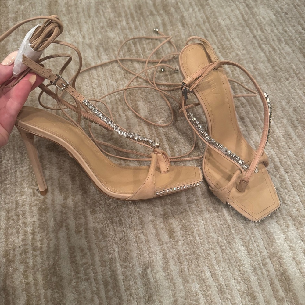 SCHUTZ Elegant Tan Strappy Heels with Rhinestone Detailing